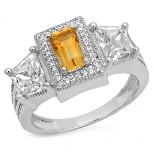 4.80 Carat (ctw) 14K White Gold Emerald Cut Citrine & Tapered & Round White Cubic Zirconia CZ Ladies Halo Style Bridal Engagement Ring