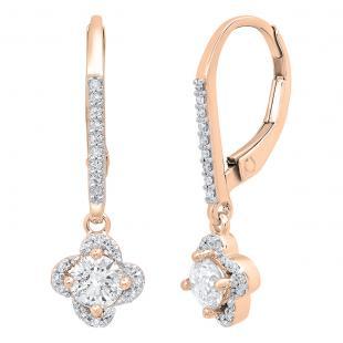 0.60 Carat (ctw) 18K Rose Gold Round White Diamond Ladies Halo Style Flower Dangling Earrings
