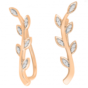0.10 Carat (ctw) 18K Rose Gold Round Cut White Diamond Ladies leaf shaped Climber Earrings 1/10 CT