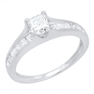 1.40 Carat (Ctw) 18K White Gold Princess Cut Diamond Ladies Solitaire With Accents Engagement Ring