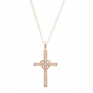 Round White Diamond Heart Shaped Religious Cross Pendant with 18 Inch Gold Chain for Women (0.20 ctw, Color I-J, Clarity I1-I2) in 18K Rose Gold