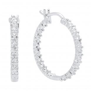 0.06 Carat (ctw) Sterling Silver Round Cut White Diamond Ladies Huggies Hoop Earrings