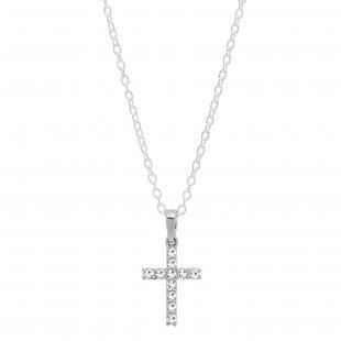 0.15 Carat (ctw) 10K White Gold Round Diamond Ladies Cross Pendant (Silver Chain Included)