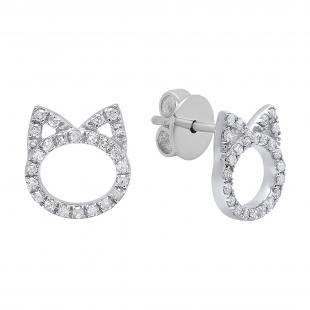 0.25 Carat (ctw) Round White Diamond Cat Ear Stud Earrings for Her (Color I-J Clarity I2-I3) in 925 Sterling Silver in Push Back
