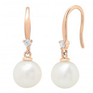 18K Rose Gold 8 MM Each Round White Freshwater Pearls & Diamond Ladies Drop Earrings