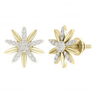 0.16 Carat (ctw) Round White Diamond Ladies Flower Shape Stud Earrings 18K Yellow Gold