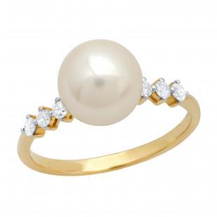 9.5 MM Round White Freshwater Pearl & Diamond Ladies Birthstone Engagement Ring 10K Yellow Gold