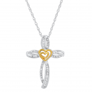 0.25 Carat (ctw) Round & Baguette Diamond Ladies Cross Pendant, White & Yellow Gold Plated Silver