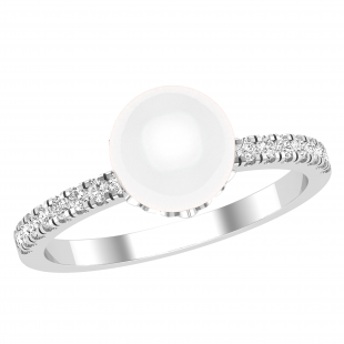 8 mm Round White Freshwater Pearl & Diamond Ladies Charming Engagement Ring | 925 Sterling Silver