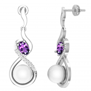 8mm Round Cultured Freshwater Pearl & 6X4mm Oval Amethyst with 0.17 ct. Round White Diamond Screw Back Infinity Loop Dangle Earrings for Women, 925 Sterling Silver
