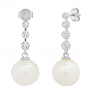 Round 10mm Cultured Freshwater Pearl & 0.21 CT White Diamond Each Graduating Dangle Drop Push Back Earrings for Women in 925 Sterling Silver