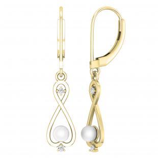 Round 4mm Cultured Freshwater Pearl & White Diamond Infinity Dangle Drop Leverback Earrings For Women (White Diamond- 0.06 ctw Color I-J & Clarity I1-I2) in 18K Yellow Gold