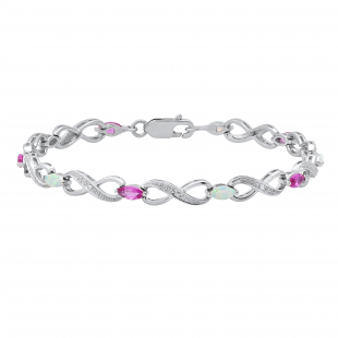 3X6 mm Marquise Created Opal & Pink Sapphire With Round Diamond Accents Bracelet Sterling Silver