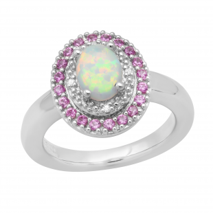 8X5.5 mm Created Opal Created Pink Sapphire & Natural Diamond Accent Ladies Ring Sterling Silver