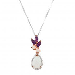 Created Opal with Marquise Created Amethyst & Diamond Pendant Rose gold Plated 925 Sterling Silver