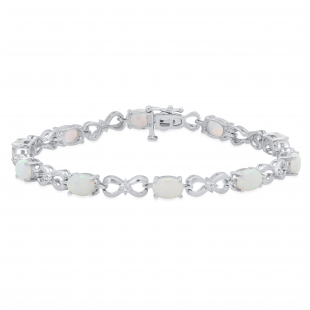 4.7x6.7mm Oval Created Opal with Round White Diamond Accents Infinity Bracelet 925 Sterling Silver