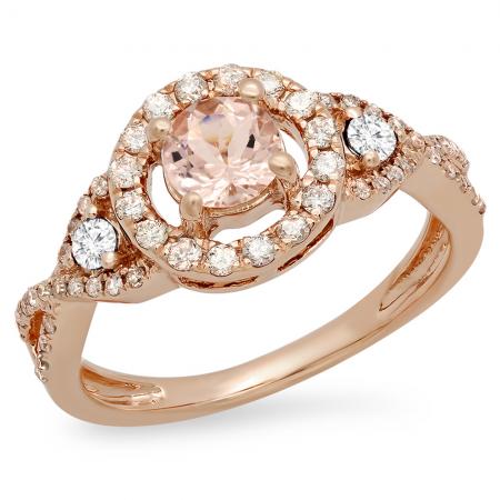 0.90 Carat (Ctw) 14K Rose Gold Round Morganite White Diamond Ladies 3 Stone Swirl Halo Vintage Bridal Engagement Ring