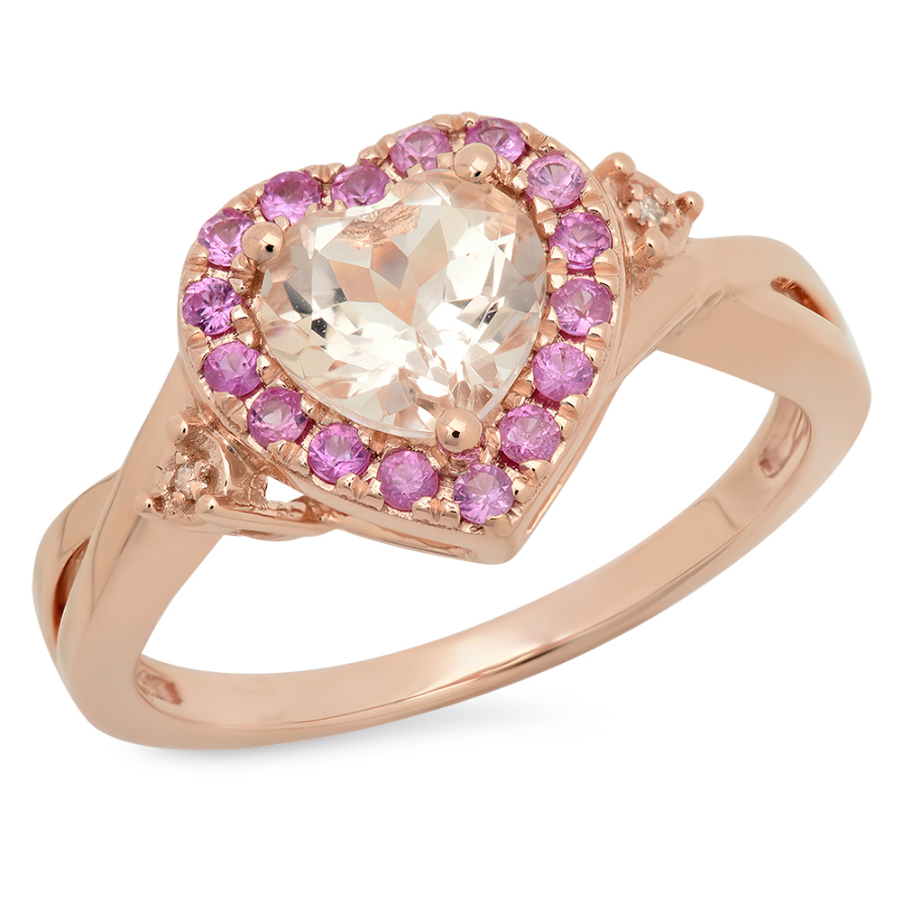1.40 Carat (Ctw) 18K Rose Gold Heart Cut Morganite Round Cut Pink Sapphire White Diamond Ladies Heart Shaped Bridal Promise Engagement Ring