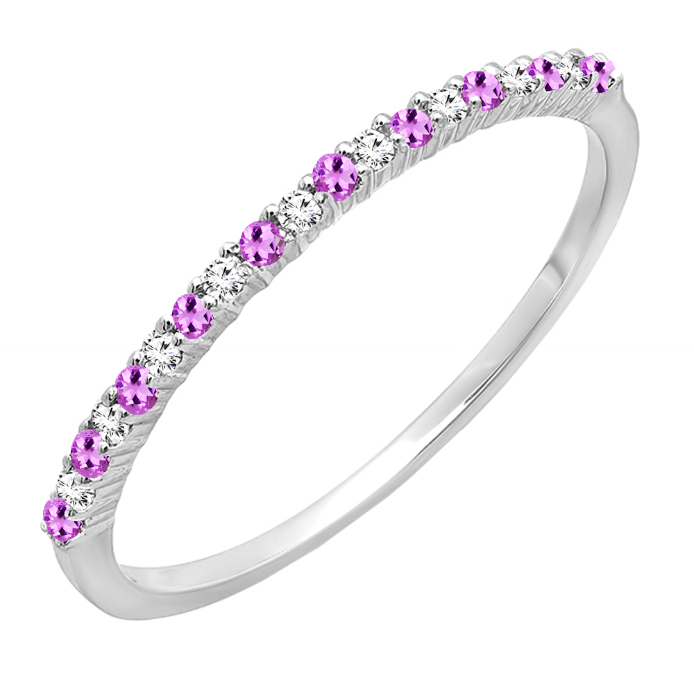 14K White Gold Round Amethyst & White Diamond Ladies Stackable Wedding Band